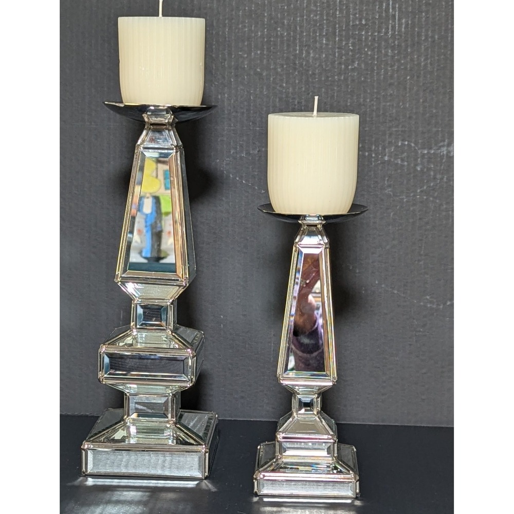 Pier One Silver Mirrored Geometrically Stacked Candlesticks Felt Bottom Set of 2